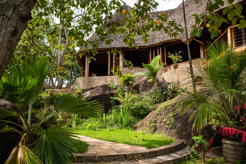 The thatched villa raised on granite boulders above a tropical garden of fan palms and flowering shrubs
