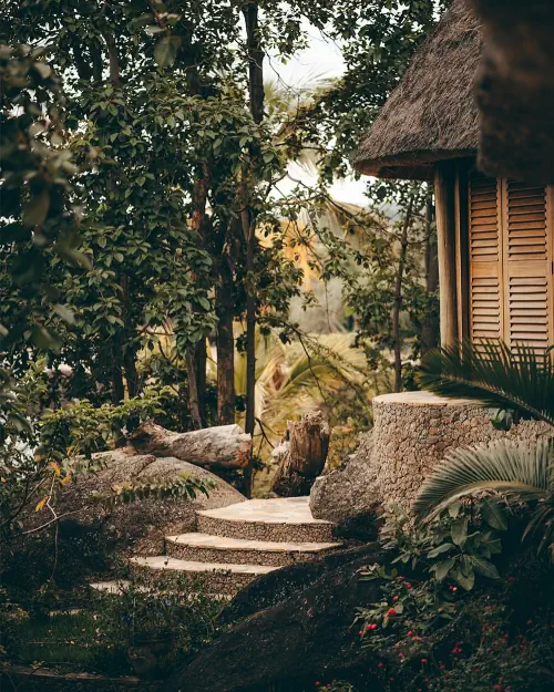 Stone steps climbing through palms and tropical planting to a thatched bungalow