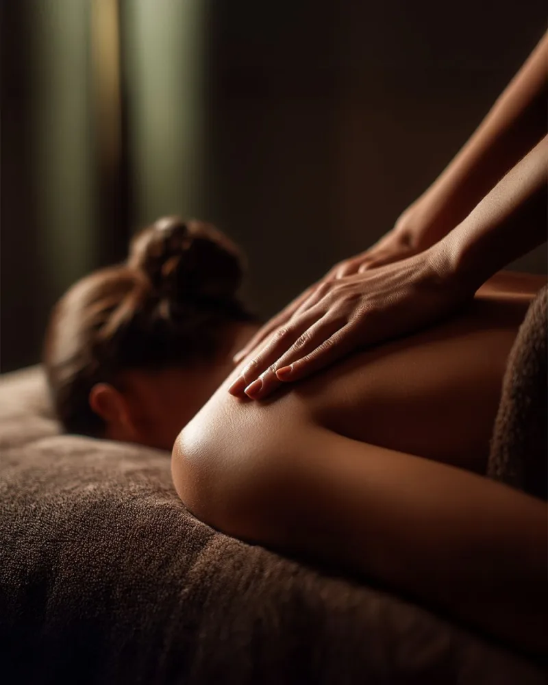 A therapist’s hands working across a guest’s shoulders during a massage in the low-lit spa
